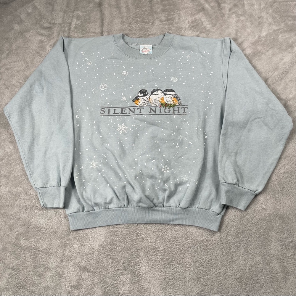 VTG Harlequin Silent Night Sweater Mens L Birds Pullover Nature Blue Made in USA